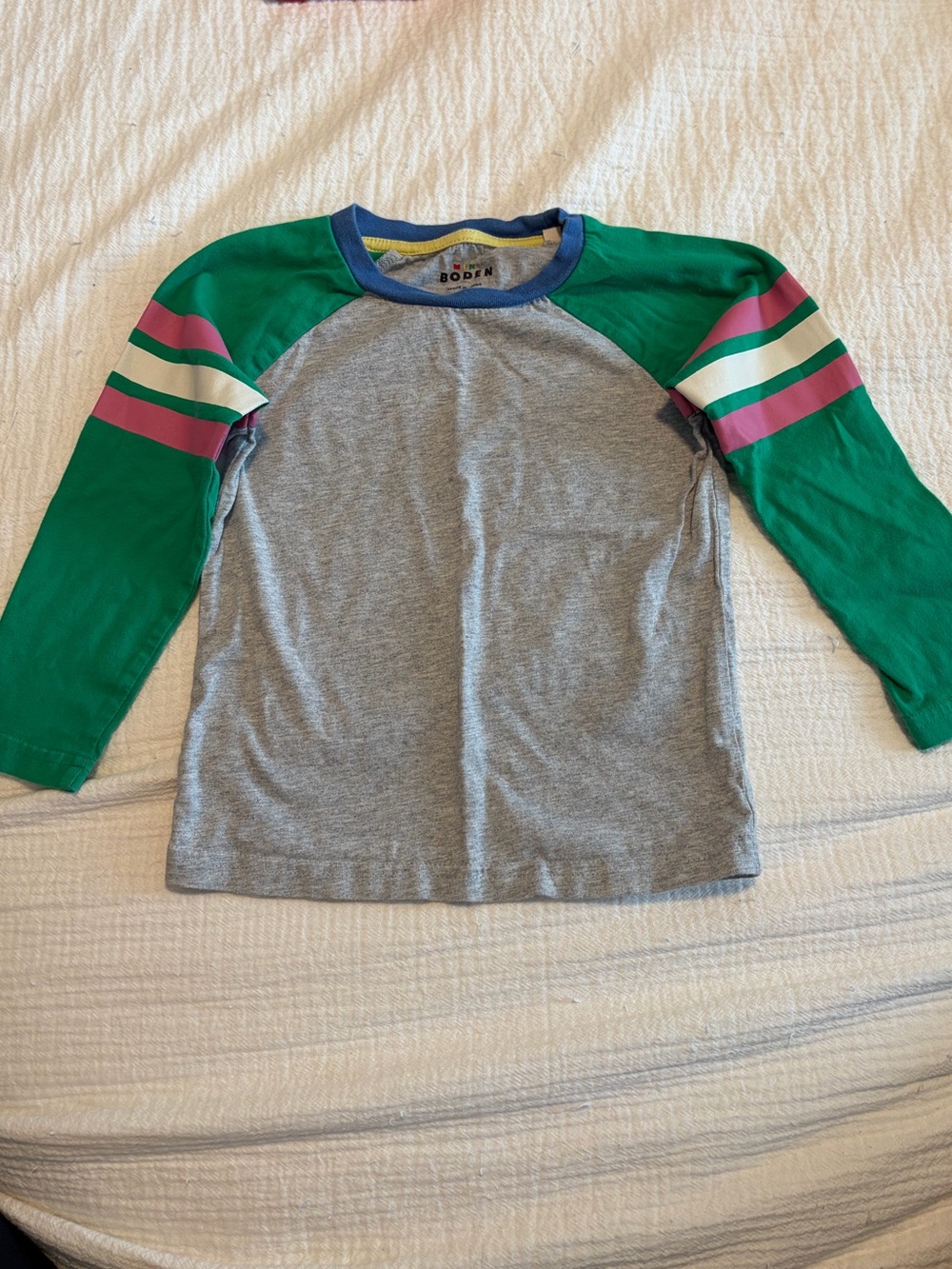 Mini Boden Gray Raglan Tee with Green Sleeves and Pink Stripes